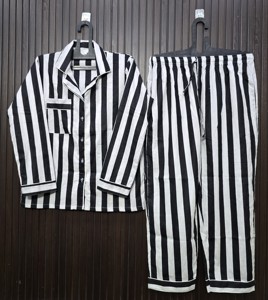 Striped Women's <b>Pajama</b> Set 100% Cotton Full Sleeve Casual Loose Fit Spring Woven Fabric Button Fly - Product Image 1