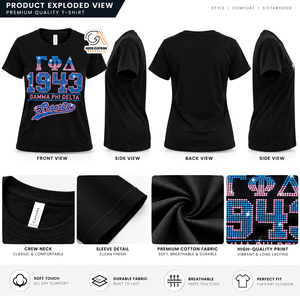 Gamma Phi Delta Damen Schwarzes 1943 Stickerei Atmungsaktives Umweltfreundliches 100% Baumwolle Rundhals Kurzarm Freizeit T-Shirt Vorderseite - Product Image 5