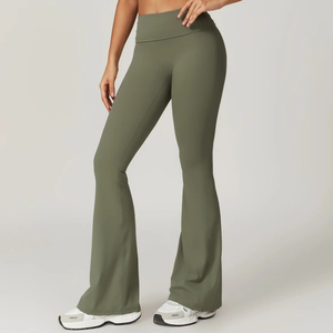 High Waist <b>Flared</b> Leg Yoga <b>Leggings</b> Full Length Solid Black Eco-Friendly Four-Way Stretch Fitness Pants Women Workout Wear - Product Image 3