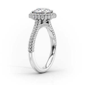 Bague de fiançailles en moissanite ronde avec halo, or blanc, double rangée pavée, bague de mariée - Product Image 2