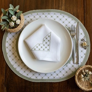 Elegant White Cotton <b>Placemat</b> & Napkin Set with Geometric Floral Embroidery - Luxury Table Linens for Wedding & Holiday Dinners - Product Image 1