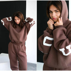 Ensemble de survêtement à capuche marron pour femme, manches longues, couleur unie, décontracté, pour l'automne, coupe ample avec poches latérales, 100% coton - Product Image 2