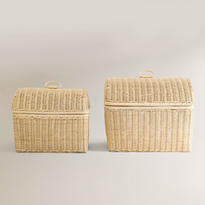 Wooden treasure <b>chest</b> rattan hamper with lid handwoven <b>storage</b> trunk <b>for</b> bedroom organising - Product Image 1