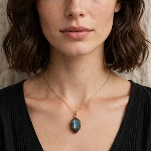 Collier pendentif en pierre précieuse labradorite naturelle 18 mm plaqué rhodium/or/argent/or rose personnalisable unisexe, bijou cadeau classique - Product Image 5