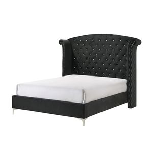 Elegante Testiera per Letto Queen Size con Bottoni e Schienale Alto, in Legno, Metallo e Tessuto Nero Imbottito, Arredamento Camera da Letto - Product Image 1