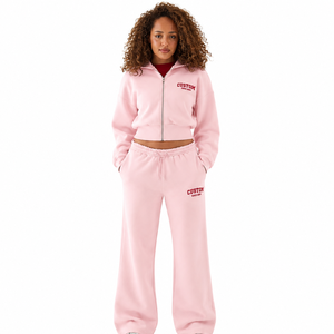 Ensemble de survêtement deux pièces OEM pour femme, rose, avec veste à col montant et pantalon de jogging à jambes larges, en coton, zippé, personnalisable avec logo, vente en gros - Product Image 1