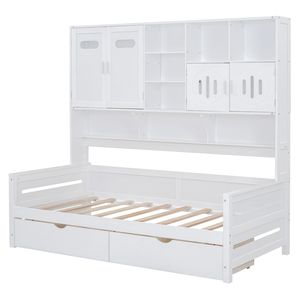 <b>White</b> Twin-Size Wooden <b>Daybed</b> with 2 Drawers All-in-One Cabinet and Shelf - Product Image 5