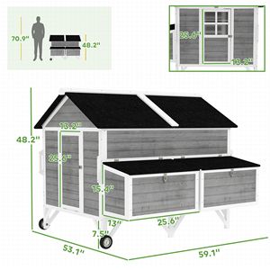 Chuồng gà bằng gỗ màu xám 59 inch có tay cầm 2 hộp làm tổ 2 khay 4 máy kéo gà cho 4-6 con gà - Product Image 3