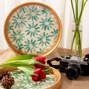 Handmade Rattan <b>Round</b> Tray Decorative Mother of Pearl Tray Woven Home Restaurant Decor Food Tray made in Vietnam - Product Image 5