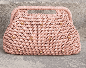 Pink Crochet Clutch With Pearl Embellishments Bohemian Style Summer <b>Handbag</b> Open Top Daily Use Women's Bag - Product Image 1