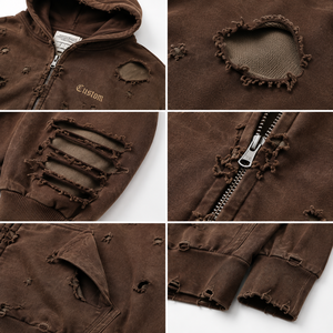 Custom Unisex Heavyweight Distressed Acid Wash <b>French</b> Terry 100% Cotton Zip-Up Hoodie <b>Vintage</b> Ripped Double Layer Winter - Product Image 4