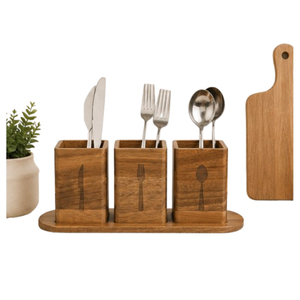 Porte-couverts en bois moderne à 3 compartiments pour table à manger, organiseur de couverts et ustensiles de cuisine, style rustique farmhouse - Product Image 1