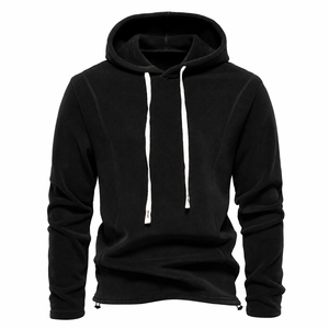 Sweat-shirt à capuche en polaire noir pour homme, style décontracté et sportif, avec cordon de serrage blanc épais, chaud et confortable pour l'hiver - Product Image 1
