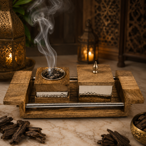 Handmade Wooden <b>Bakhoor</b> Burner Set with Brass & MOP Inlay Luxury Arabic <b>Oud</b> Mabkhara Tray & Storage Jar Set for Ramadan Eid Gift - Product Image 3