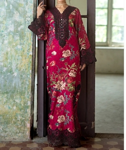 Robe longue ample pour femmes, imprimé floral magenta, broderie, style kaftan indien pakistanais, robe maxi - Product Image 1