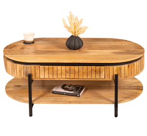Mesa de Centro Ovalada de Madera de Mango Sólido con 1 Cajón de Almacenamiento, Estilo Flauta, Acabado Natural Industrial, Mesa de Centro para Sala de Estar - Product Image 1