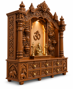 Grand Wooden Hindu Temple with Glowing Om Chakra Centerpiece Big Size Handcrafted Wooden Pooja Mandir For Home Pooja Cabinet <b>UK</b> - Product Image 3