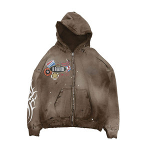 Custom Manufacturer Winter Sun Fade Distressed Long Sleeve Hooded Pullover Fleece Rhinestone Hoodie Men Acid Wash Zip Streetwear - Product Image 5