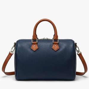 Navy Blue Leather Boston <b>Bag</b> with <b>Tan</b> Handles Zipper Closure Portable Weekender Travel Duffel Mini Speedy <b>Bag</b> Daily Casual Use - Product Image 1