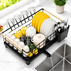 Égouttoir à vaisselle en métal noir avec porte-couverts, égouttoir de cuisine à un seul niveau avec poignées en bois - Product Image 1