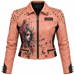 Peach Pink Leather Jacket Womens Floral Gothic Print <b>Studded</b> Shoulder Lapel Collar Zip Pocket Biker Coat Bespoke Manufacturer - Product Image 1