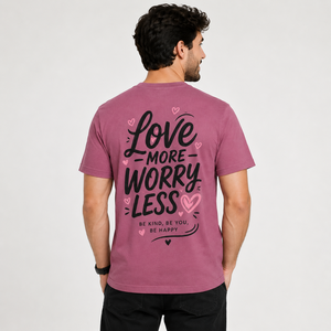 T-shirt décontracté pour homme vert menthe à manches courtes et col rond, 100 % coton en tissu éponge, imprimé par transfert thermique, écologique, motif « Love More Worry » - Product Image 2