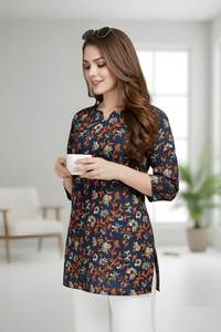 Túnica informal para mujer, azul marino, mezcla de algodón, estampada, cuello redondo, manga tres cuartos, largo regular, totalmente cosida, estilo étnico - Product Image 5