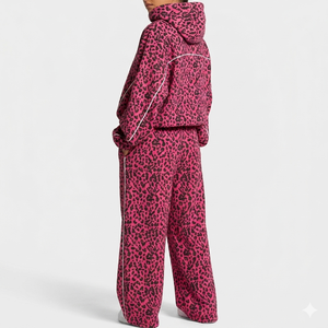 Custom Pink & Black Leopard Print Oversized Contrast Pipping Women <b>Tracksuit</b> Pullover Contrast Lining Hoodie & Jogger For Womens - Product Image 2