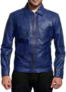 Men's Blue Genuine <b>Leather</b> <b>Jacket</b> Turn-down Collar Zipper Closure Solid Color Regular Length Casual Autumn Wear - Product Image 4