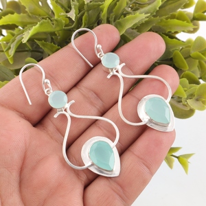 Designer Handmade Stylish Aqua Chalcedony Gemstone Work <b>Earring</b> In <b>925</b> Sterling <b>Silver</b> Jewellery For Women And Girls Wear - Product Image 1