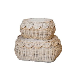 Handwoven Scalloped <b>Basket</b> Set Of 2 Elegant <b>Wicker</b> <b>Basket</b> <b>Storage</b> with Scallop Edge Lid Nursery <b>Storage</b> Clothing Organizing - Product Image 1