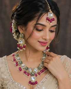 Royal <b>Ruby</b> Mirror Bridal <b>Necklace</b> Set with Matching Earrings and Maang Tikka Gold Plated Traditional Wedding Jewelry Set - Product Image 1