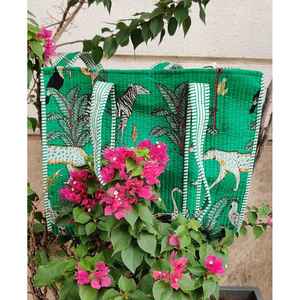 Indian Hand Block Printed Quilted Women's Winter Summer Fashion Tote Shopping Carry Shoulder Bag Multi-Color Jungle Print - Product Image 2