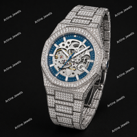 Iced Out Skelett Quarz Edelstahl-Uhr Blaues Zifferblatt Diamant Luxus Mode Vollbesetztes Armband Armbanduhr für Herren
