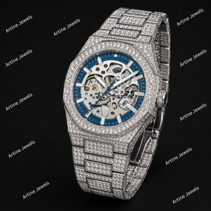 Iced Out <b>Skeleton</b> <b>Automatic</b> <b>Watch</b> Blue Dial Diamond Luxury Timepiece Full Stone Bracelet Mechanical Wristwatch For Men - Product Image 3