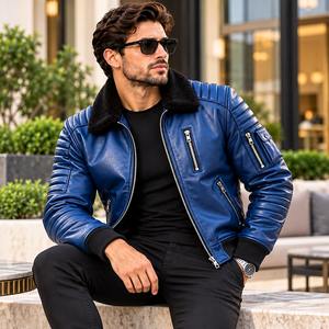 Blouson moto en cuir véritable bleu roi pour homme avec col en peau de mouton noir, poche zippée sur la poitrine, poignets côtelés et style urbain moderne - Product Image 6