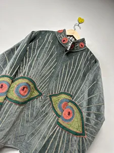 Premium Gray <b>Velvet</b> Suzani Embroidered <b>Jacket</b> with Eye Pattern Full Sleeve Stand Collar Bohemian <b>Women's</b> Winter Outerwear - Product Image 5