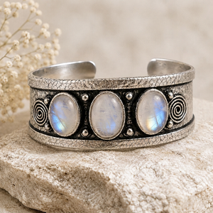 <b>Crystal</b> Dawn Natural Rainbow Moonstone Trio Gem Wide Bezel Set Cuff Bangle Handcrafted Brass Silver/Gold Plated Artisan Classic - Product Image 3