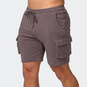 Shorts cargo gris uni en coton pour homme, taille mi-haute avec cordon de serrage, style décontracté, longueur bermuda, poches, tissu respirant - Product Image 1
