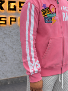 Sweat à capuche rose zippé pour homme, coupe oversize, style streetwear, en molleton, avec logo frontal et patchwork, manches classiques, pour l'automne - Product Image 4
