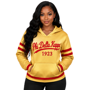 PDK Gold <b>Hoodie</b> <b>Women</b> <b>Red</b> Block Letters 1923 Striped Sleeve Pullover Sweatshirt Hood Ribbed Cuff Sorority Apparel - Product Image 1