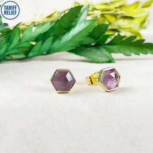 Boucles d'oreilles clous hexagonales en argent sterling 925 avec améthyste de 8 mm |   Bijoux en pierres précieuses naturelles pour femmes, à porter au quotidien - Product Image 5