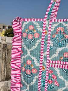 Customized Quilted Cotton Vintage Floral Quilted Large Ruffle Tote <b>Bag</b> Handprinted <b>Boho</b> Shopping <b>Bag</b> for Women - Product Image 4