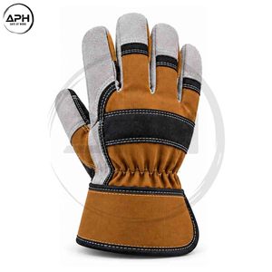 Gants de travail robustes marron, noir et gris avec renfort de paume incurvé, poignet élastique froncé et tissu durable - Product Image 3