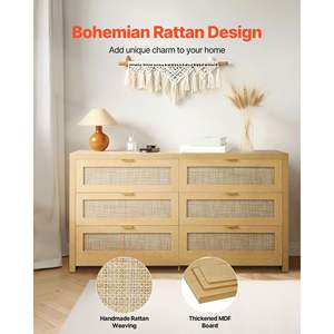 Modern Wood Chest 6-<b>Drawer</b> Rattan Dresser Burlywood Finish Double Dresser <b>Metal</b> Handle for Bedroom Living Room Hallway Storage - Product Image 4