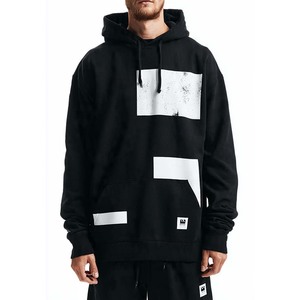 Sweat-shirt à capuche noir pour homme avec imprimé abstrait blanc, poche, coupe ample décontractée, 100% coton, tissu en molleton français, vêtement d'automne - Product Image 1