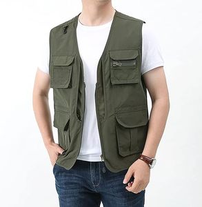 เสื้อกั๊กตกปลาผู้ชายสีเขียวมะกอก หลายกระเป๋า ซิปปิด แห้งเร็ว เสื้อกั๊กอเนกประสงค์กลางแจ้ง สีพื้น สไตล์ทหาร - Product Image 1