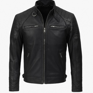 Chaqueta de cuero marrón desgastado para hombre, con cremallera, estilo motociclista, con cuello alto - Product Image 3