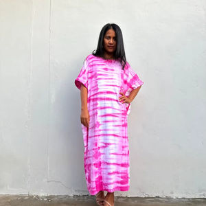 Alice 5 Tie Dye Kaftan Dress <b>White</b> And Fuchsia Cotton Jersey Lounge Wear - Product Image 1