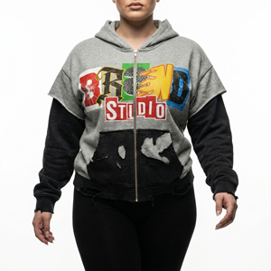 Sweat-shirt zippé respirant à capuche pour femme, délavé à l'acide et au sel, gris/noir uni, style streetwear, longueur standard, 100% coton - Product Image 3